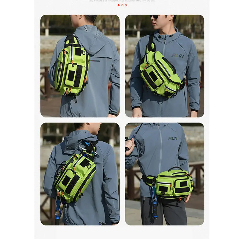 Green tactical Molle waist bag for men, military-style travel pouch with multiple compartments and adjustable strap.