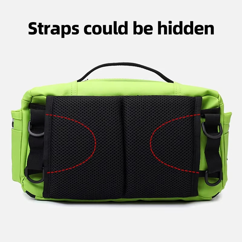 Green tactical Molle waist bag for men, Corporación Turística, with multiple compartments for travel and outdoor activities.