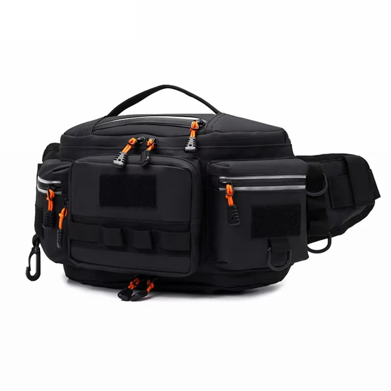 Green tactical Molle waist bag for men, Corporación Turística, with multiple compartments and adjustable strap for travel and outdoor use.