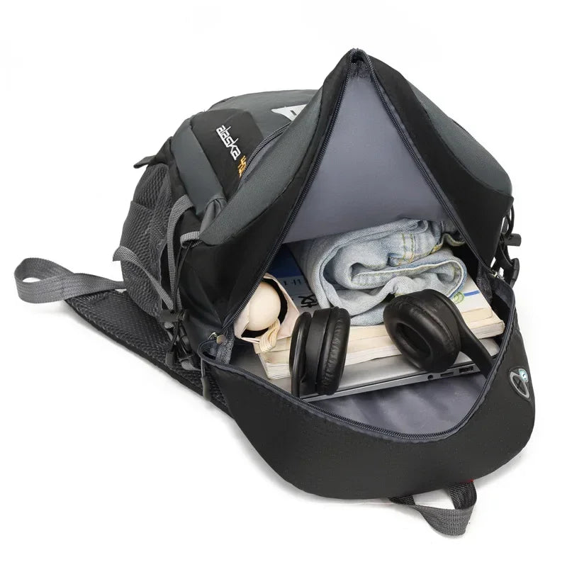 Green travel backpack for men and women by Corporación Turística, durable mountaineering bag with multiple compartments.