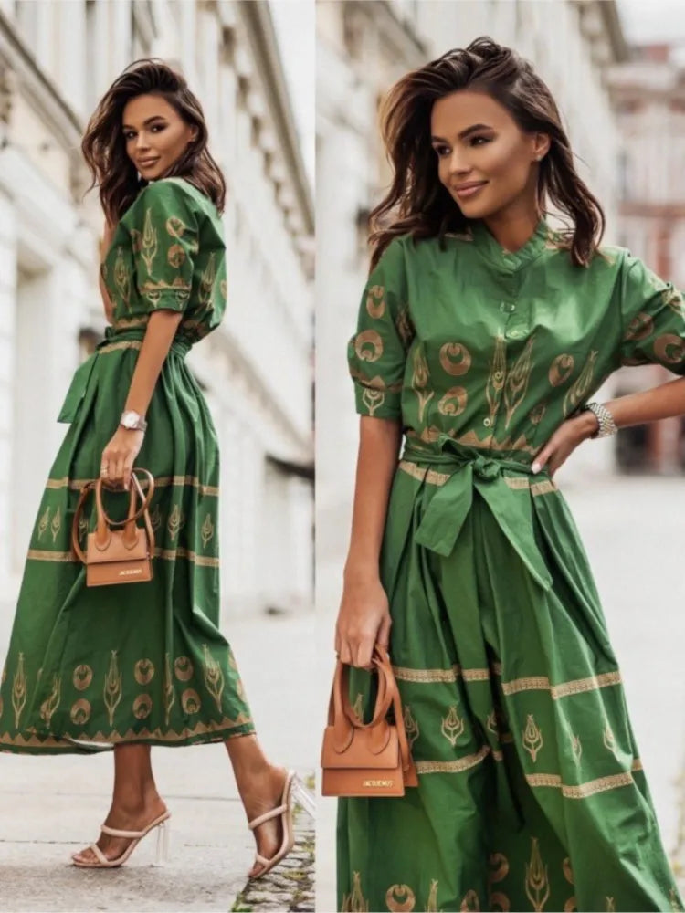 Green short-sleeve spring and fall women's fashion top by Corporación Turística, casual and trendy for seasonal wear.