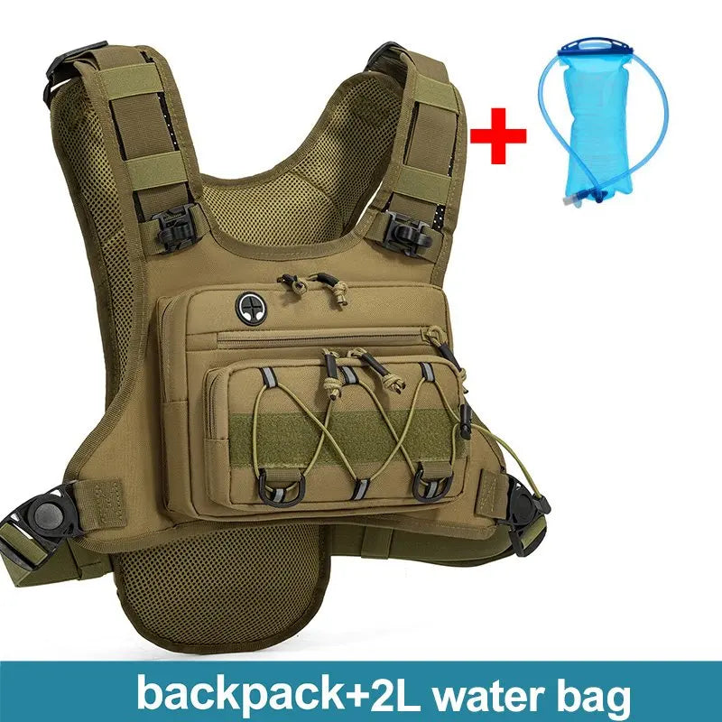 Grey camouflage hydration vest for running, cycling, and hiking by Corporación Turística, with adjustable straps and hydration pockets.
