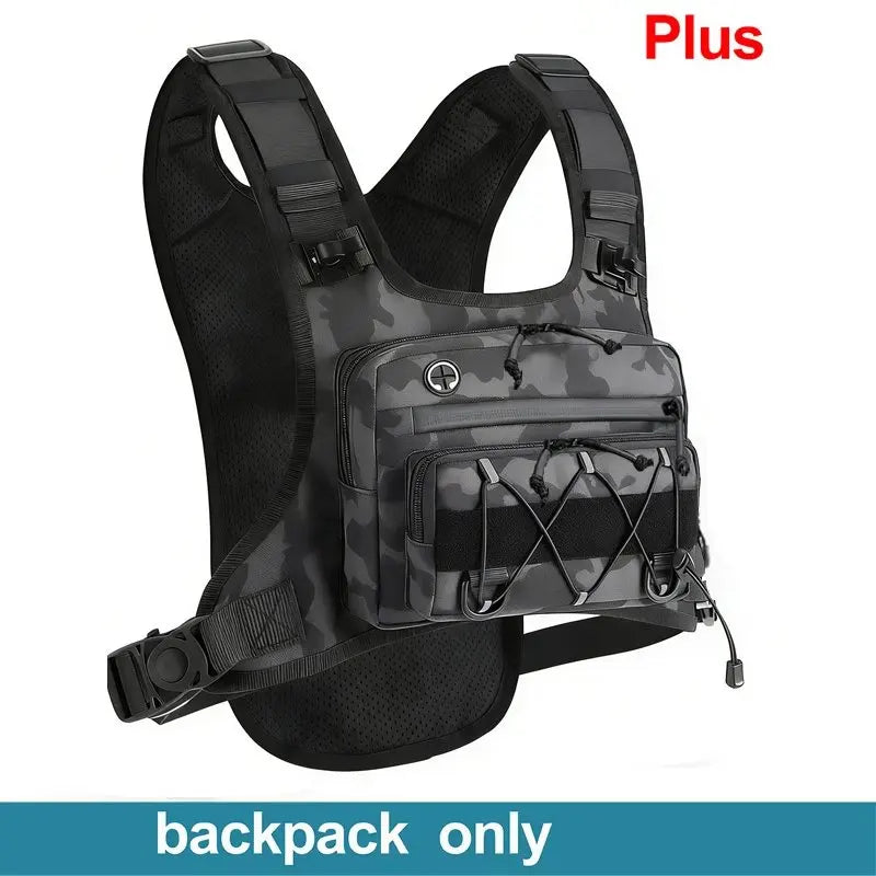 Grey camouflage hydration vest by Corporación Turística for running, cycling, hiking, and camping, with multiple storage compartments.
