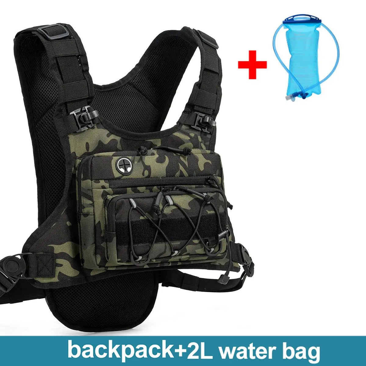 Grey camouflage hydration vest by Corporación Turística with adjustable straps, suitable for running, cycling, hiking, and camping.