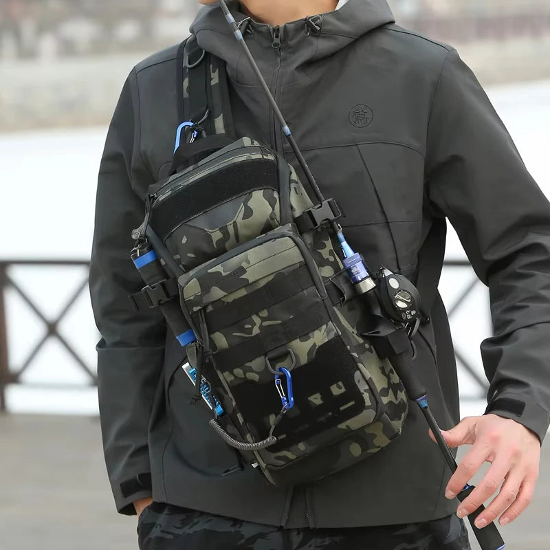 Grey camouflage fishing chest bag for men, tactical backpack with multiple compartments, ideal for outdoor and fishing activities.