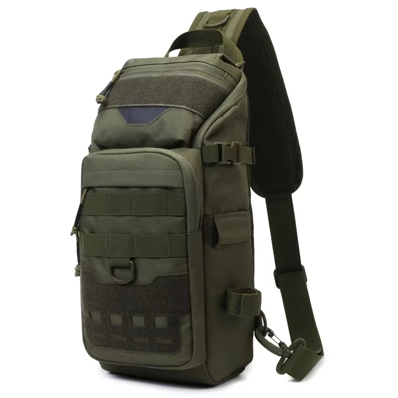 Grey camouflage fishing chest bag for men, tactical backpack with multiple compartments, ideal for outdoor fishing trips.