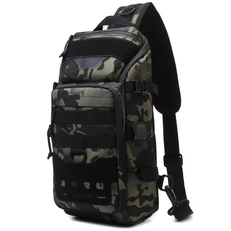 Grey camouflage fishing chest bag for men, tactical backpack with multiple compartments and adjustable strap by Corporación Turística.