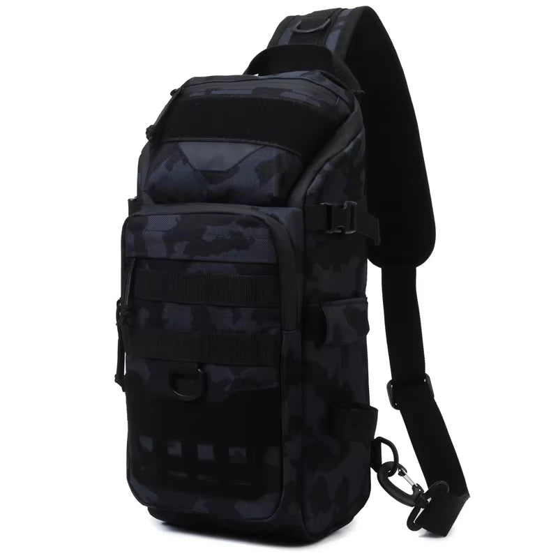 Grey camouflage fishing chest bag for men, tactical backpack with multiple compartments, from Corporación Turística.