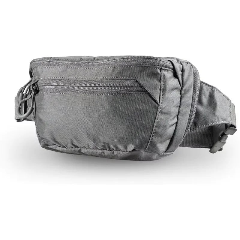 Grey tactical waist bag for men, ideal for hiking and climbing, by Corporación Turística.