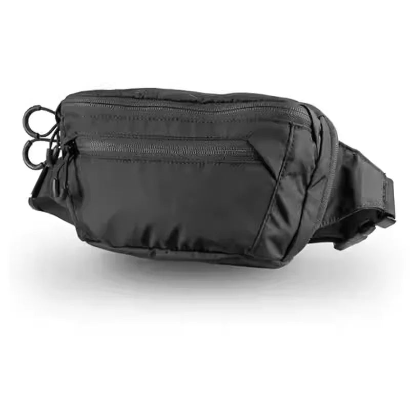 Grey tactical waist bag for men by Corporación Turística, ideal for hiking and climbing activities.