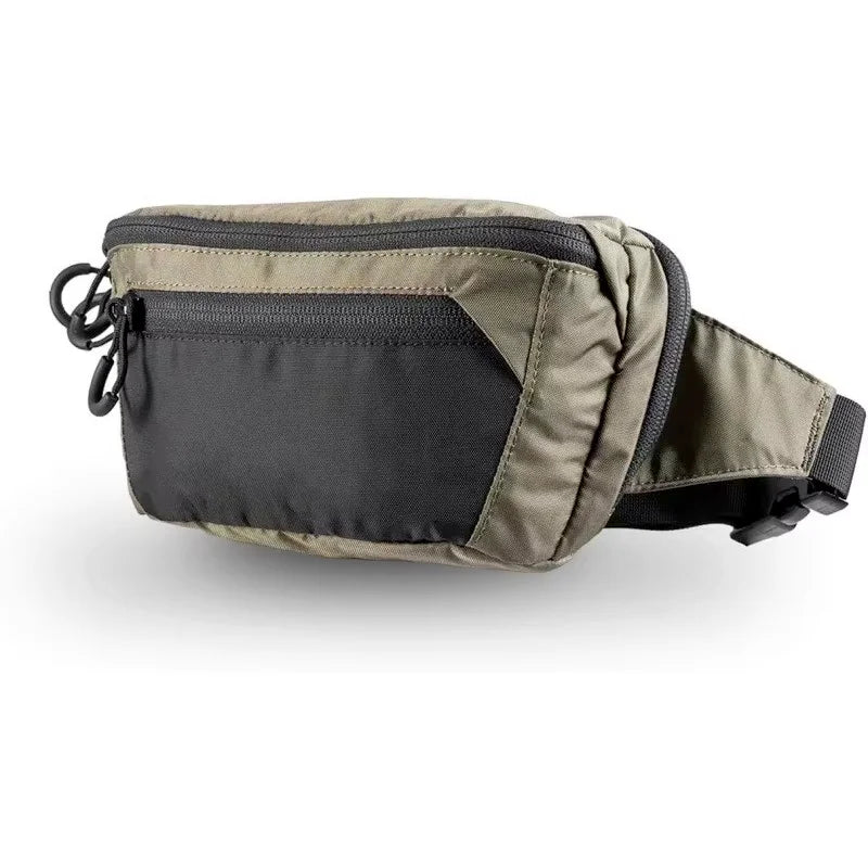 Gray tactical waist bag for men by Corporación Turística, suitable for hiking and climbing activities, with multiple compartments.