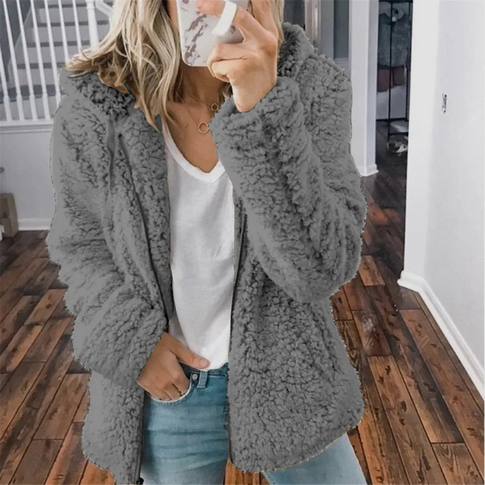 Dark gray velvet tweed hoodie jacket for women, featuring a cozy hood and stylish silhouette.