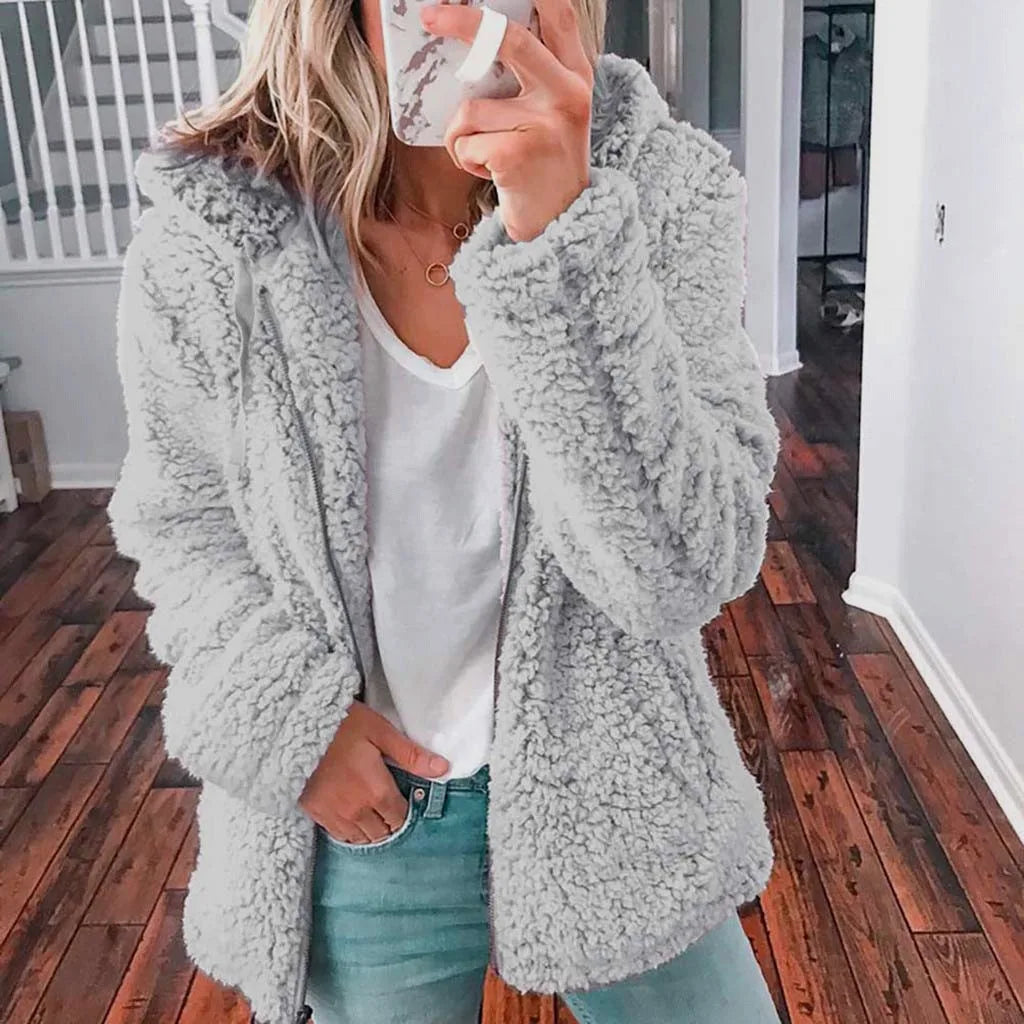 Dark gray velvet tweed hoodie jacket for women, featuring a cozy hood and stylish design from Corporación Turística.