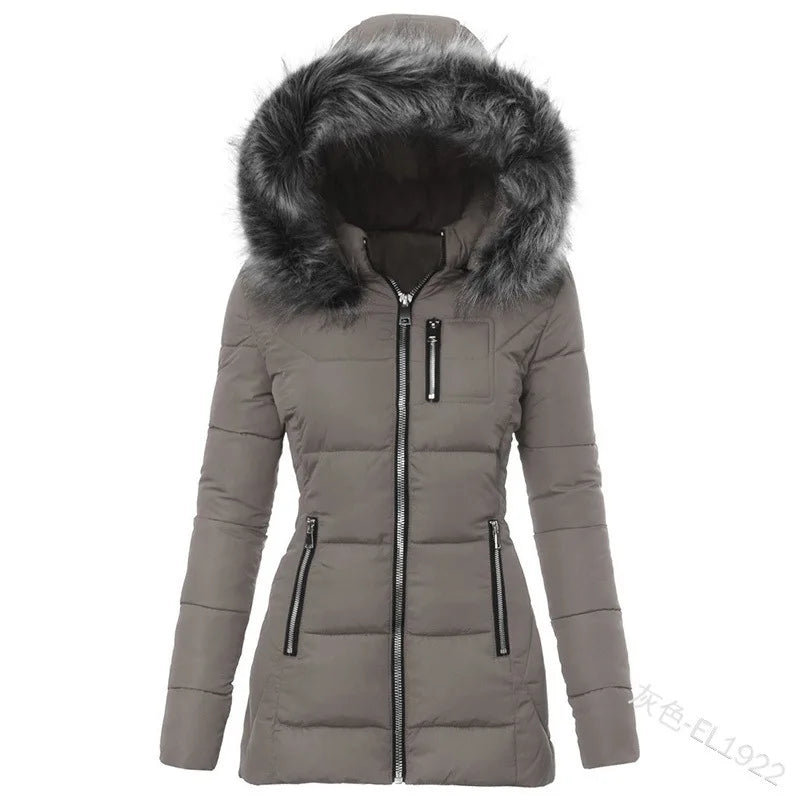 Gray women's parka jacket by Corporación Turística, cotton winter coat with hood and warm lining, suitable for cold weather.