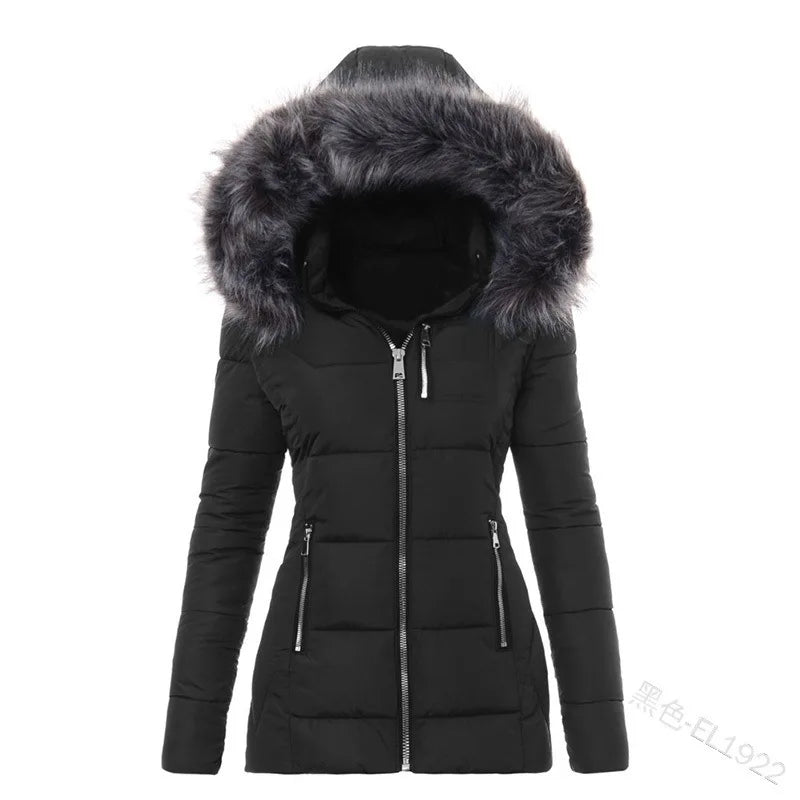 Gray women's parka by Corporación Turística, cotton winter jacket with hood and zipper, suitable for cold weather.
