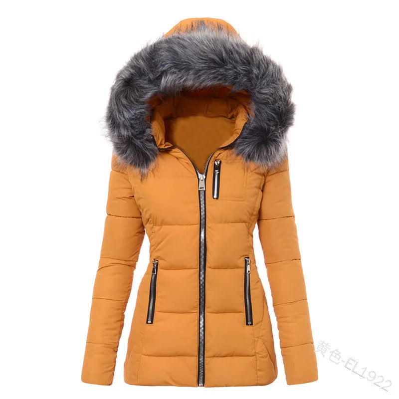 Gray women's parka jacket by Corporación Turística, cotton winter coat with hood and warm lining for cold weather.