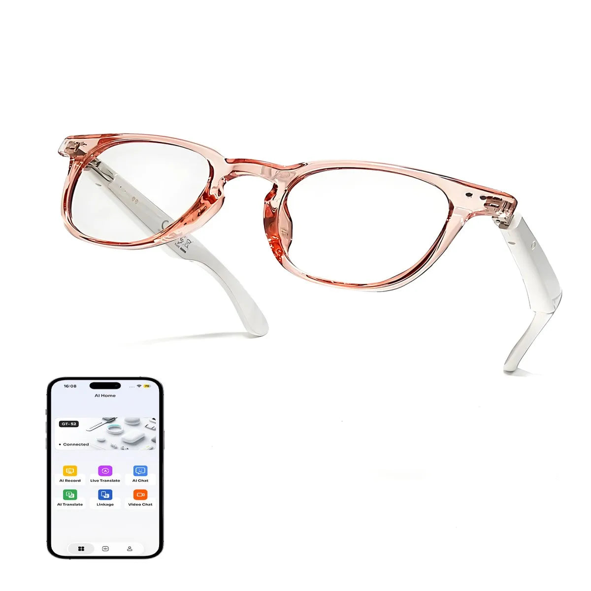 Pink Bluetooth translation smart glasses GT52 by Corporación Turística with sleek design and integrated translation lenses.