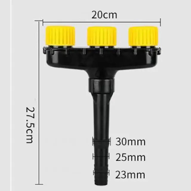 Adjustable garden and farm spray nozzles with three heads, ideal for irrigation, from Corporación Turística's gardening tools collection.