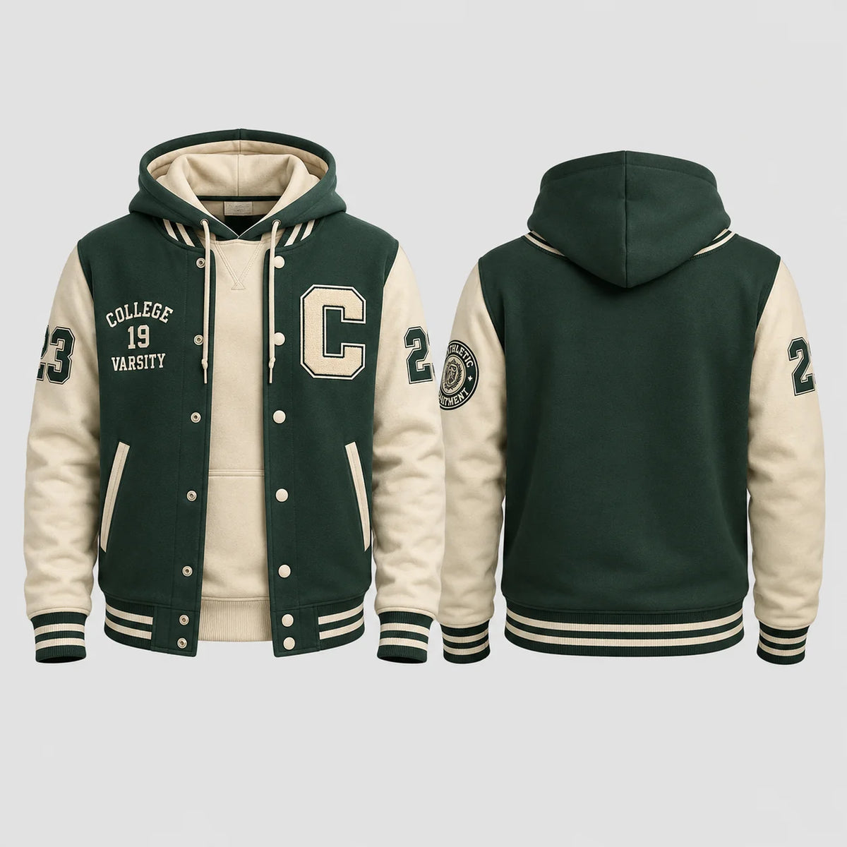 Men's 3D printed tactical hoodie jacket with hood, in camouflage pattern, by Corporación Turística, shown in black and green colors.