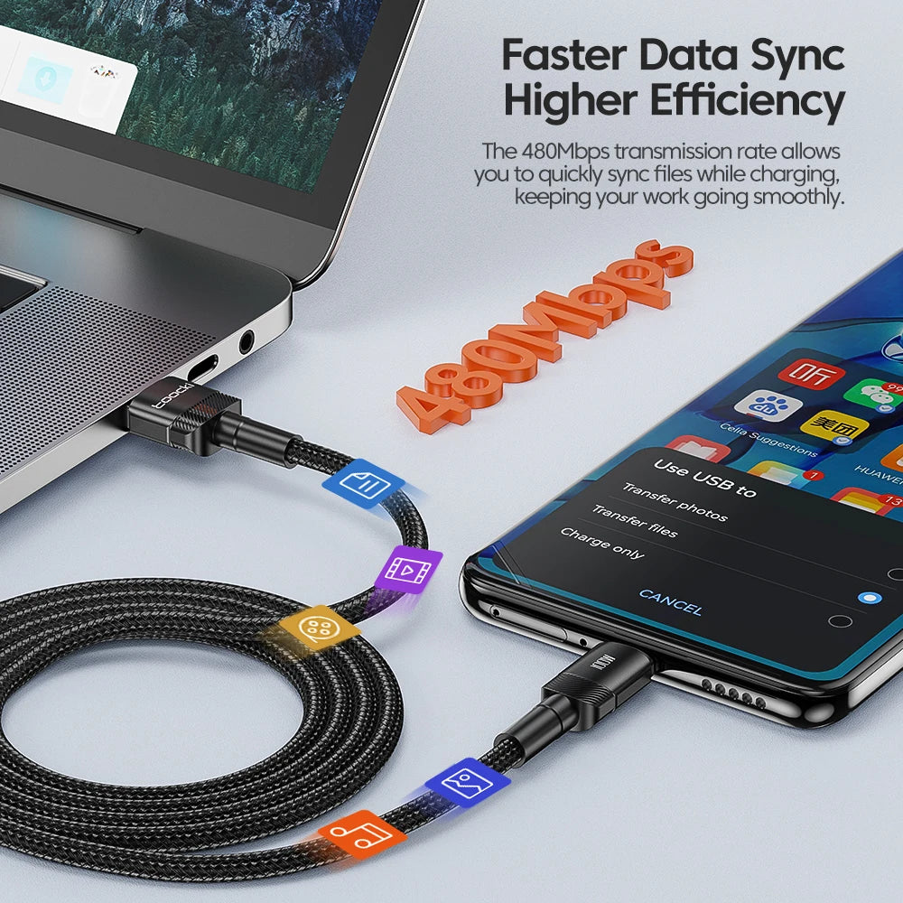 Black Toocki 6A USB-A to Type-C cable for Huawei and Xiaomi devices, 3m long, supporting 100W PD charging.