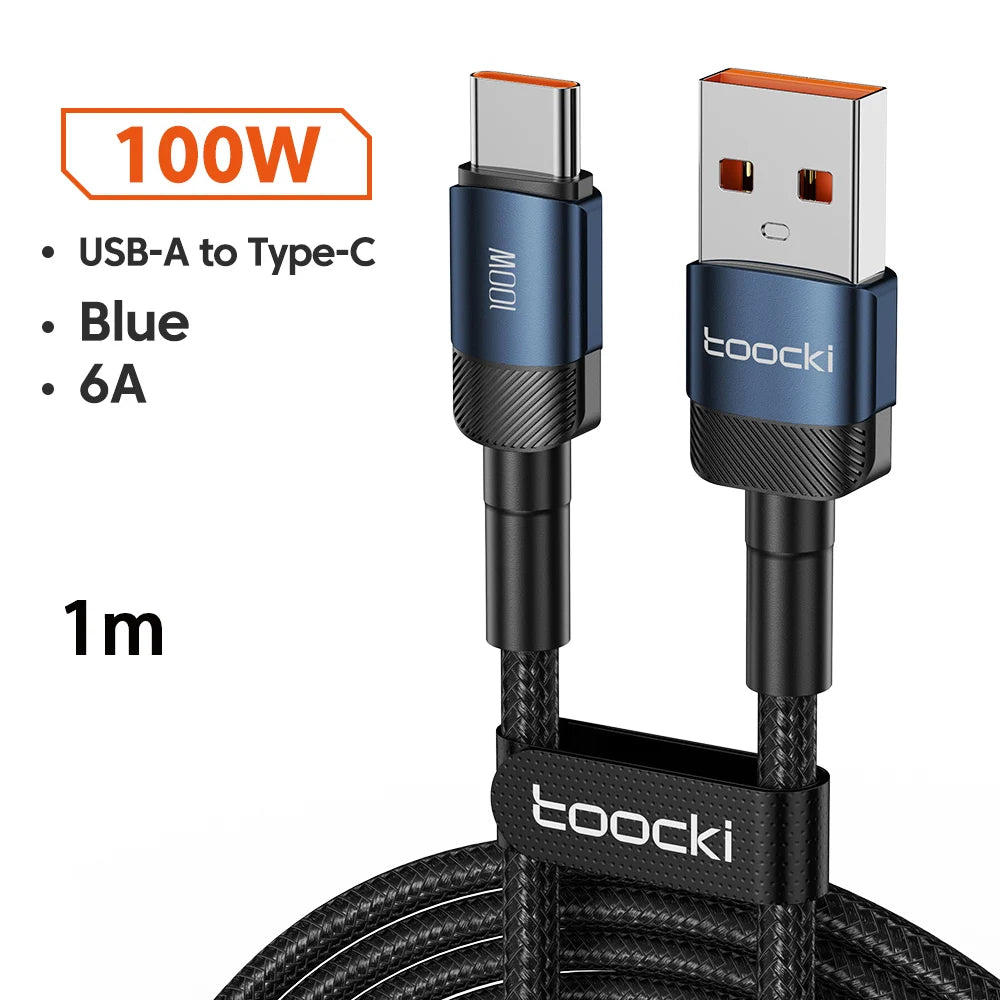 Toocki 6A USB-A to USB-C cable for Huawei and Xiaomi devices, 3-meter black charging cable with PD 100W support.