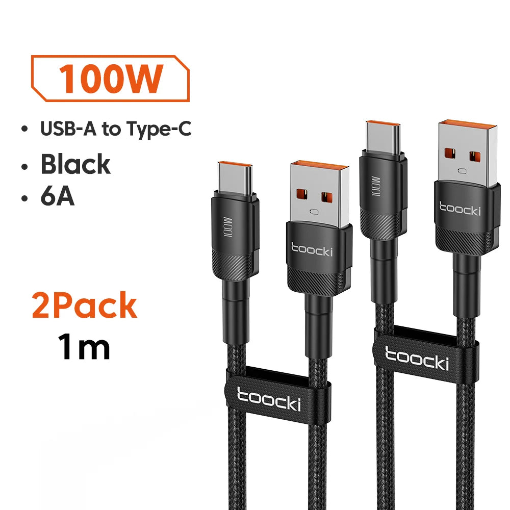 Toocki 6A USB-A to USB-C cable for Huawei and Xiaomi, black, 3-meter length, suitable for PD 100W charging, by Corporación Turística.
