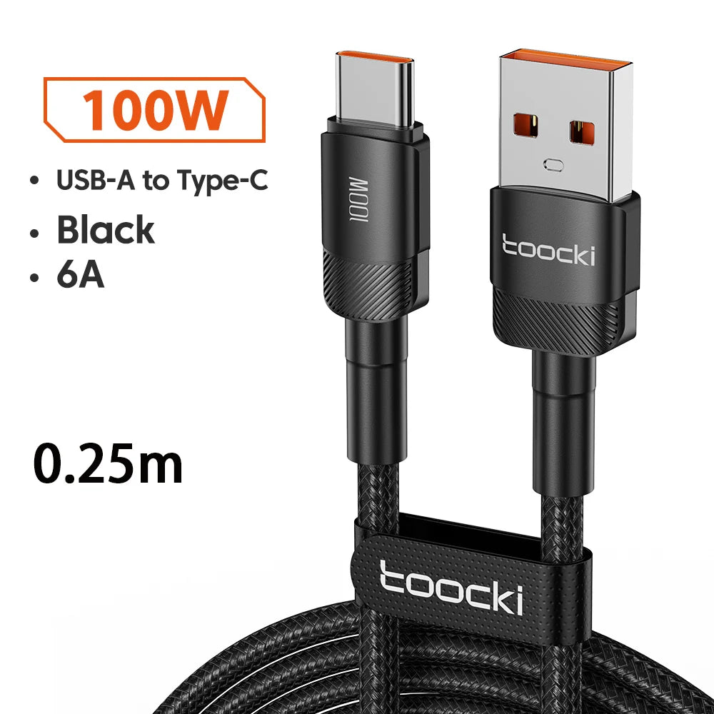Toocki 6A USB-A to USB-C cable for Huawei and Xiaomi, 3m black cable with PD 100W charging capability, by Corporación Turística.