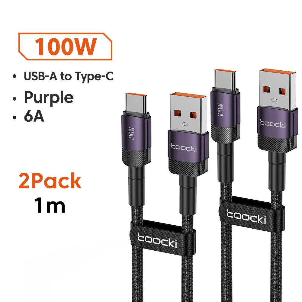 Toocki 6A USB-A to Type-C cable for Huawei and Xiaomi devices, black 3-meter cable with 100W PD charging capability.