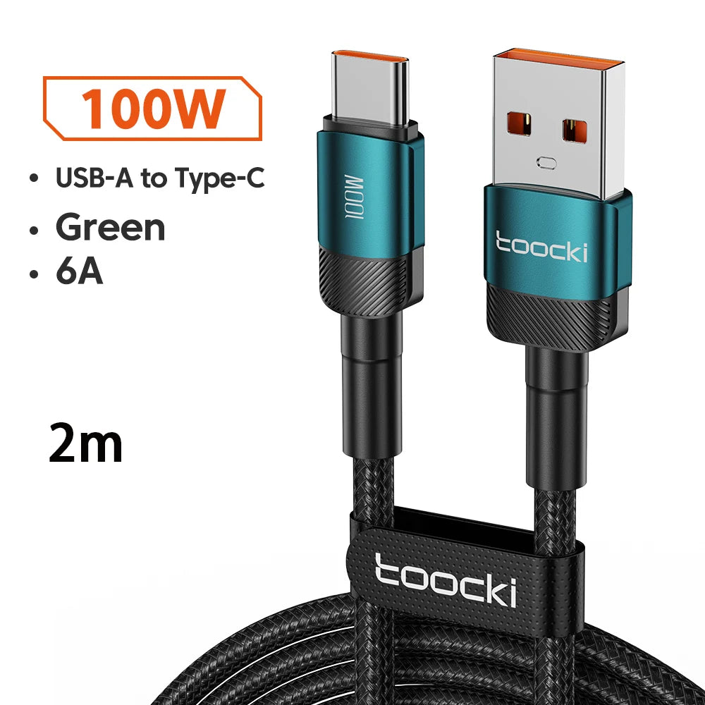 Toocki 6A USB-A to USB-C cable for Huawei and Xiaomi devices, 3m black cable with PD 100W charging capability.