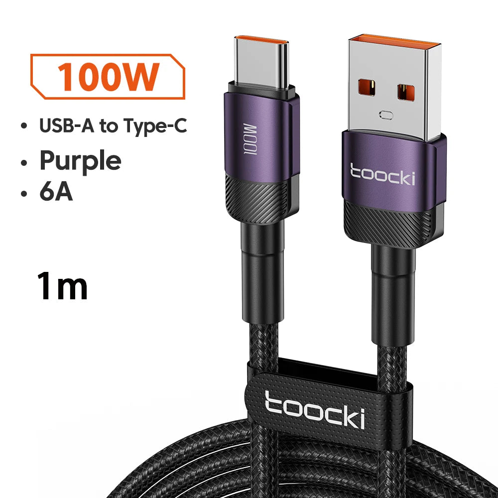 Toocki 6A USB-A to USB-C cable in black for Huawei and Xiaomi, supports 100W PD charging, 3-meter length, durable design.