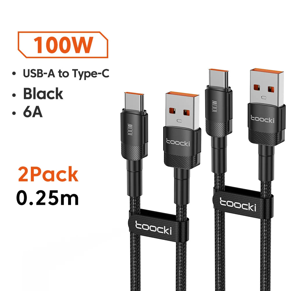 Toocki 6A USB A to Type-C cable in black for Huawei and Xiaomi devices, supporting 100W PD charging, by Corporación Turística.