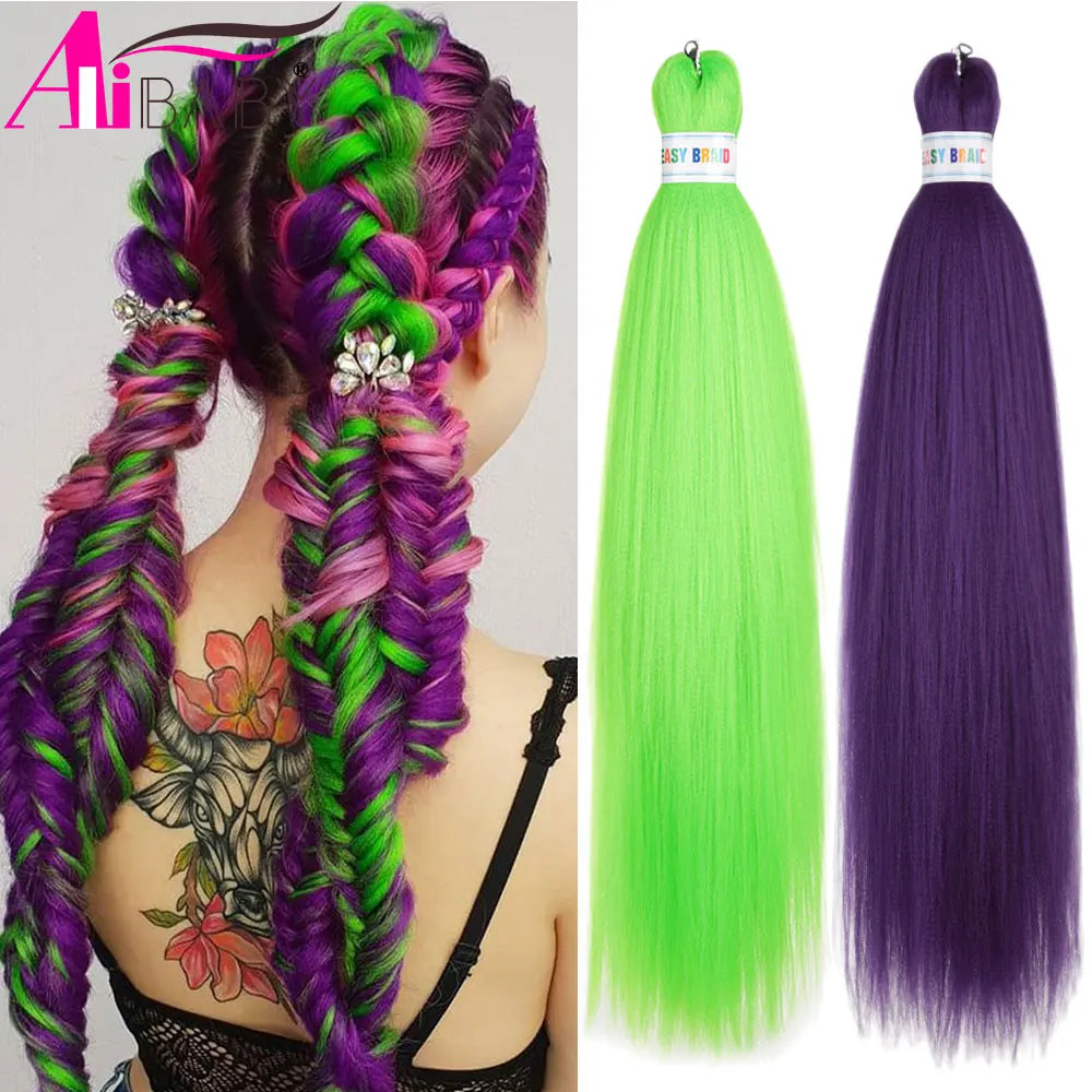 Blue ombre synthetic Kanekalon hair extensions, 26 inches long, three pieces per pack, styled for easy pre-stretched hair enhancements.