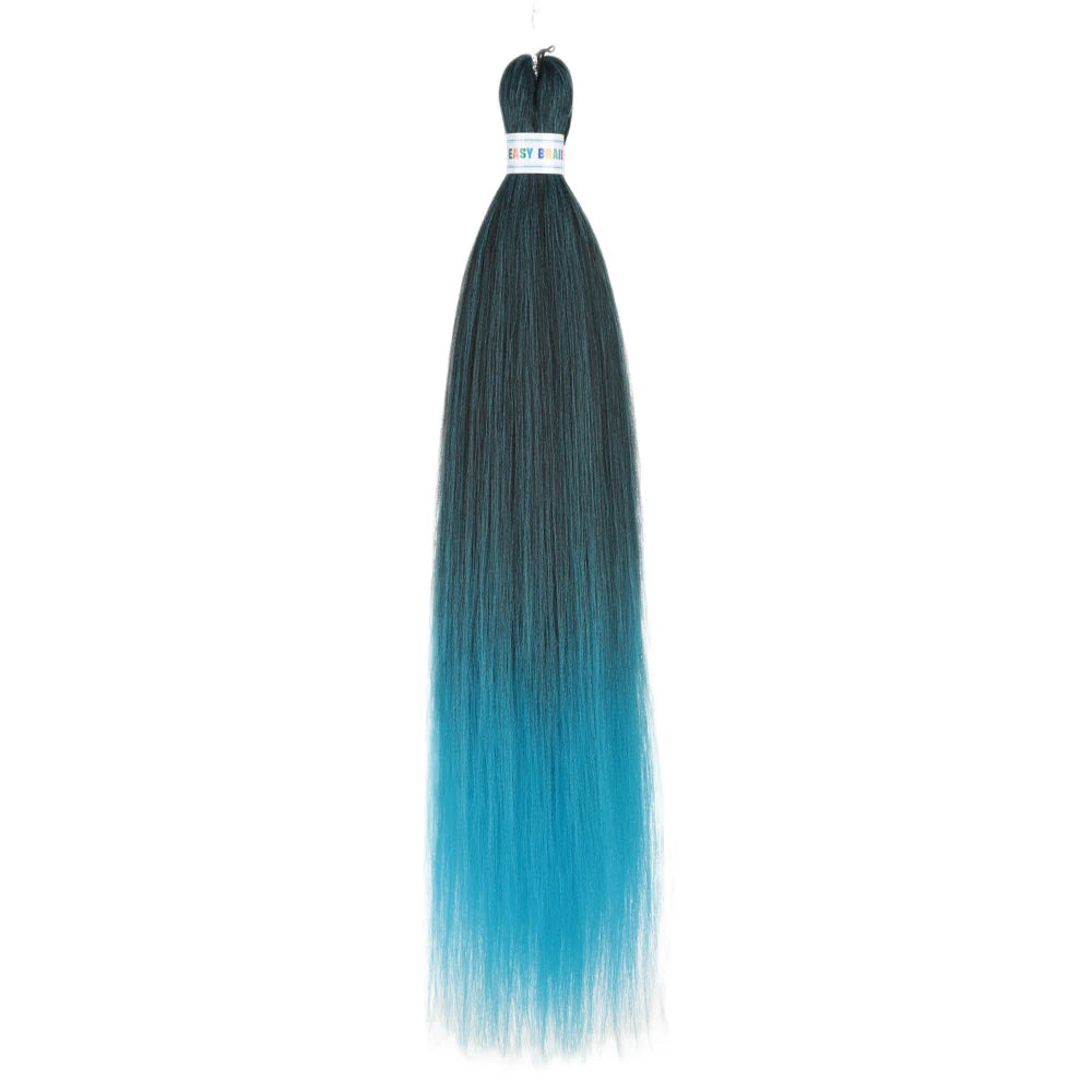 Blue ombre synthetic Kanekalon hair extensions by Corporación Turística, 26 inches, three pieces per set, pre-stretched style.