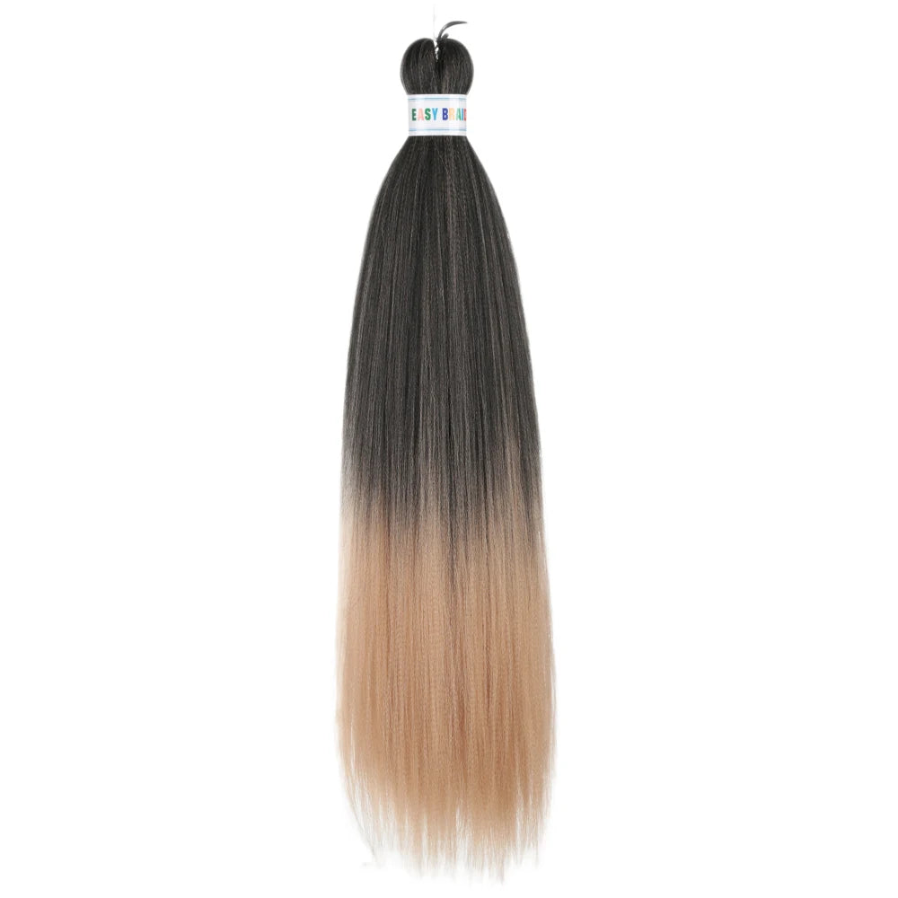 Blue ombre synthetic Kanekalon hair extensions in three 26-inch units, featuring pre-stretched, layered styling for a vibrant look.