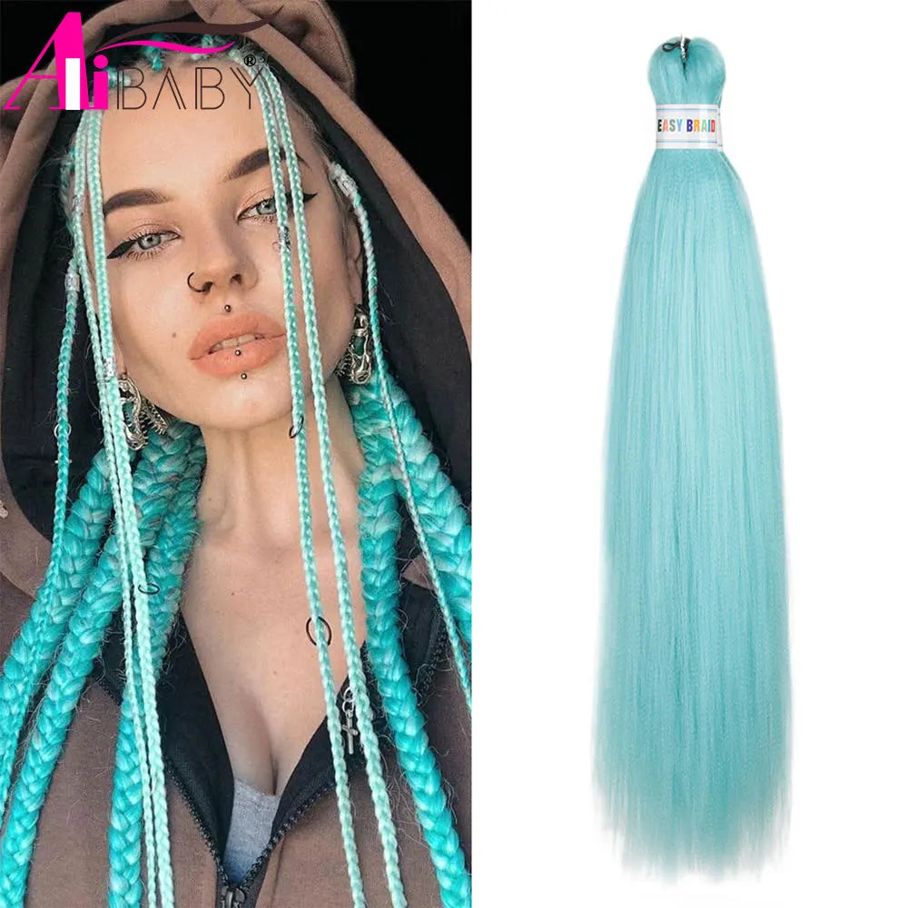 Blue Kanekalon synthetic ombre hair extensions, 26 inches long, three pieces per set, designed for easy pre-stretched styling.