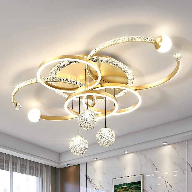 Elegant modern LED ceiling light by Corporación Turística with gold finish, adjustable brightness, and remote control.