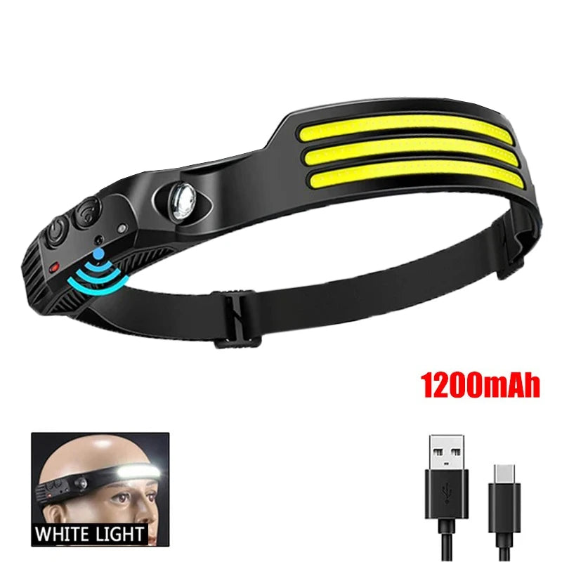 Corporalción Turística LED COB rechargeable front headlamp with 450 lumens brightness and USB 1200mAh battery for outdoor illumination.