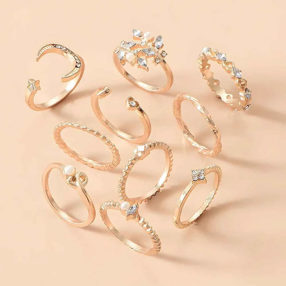Set of 10 boho gold rings for women featuring moon and star designs, arranged with chain accents in a jewelry image.