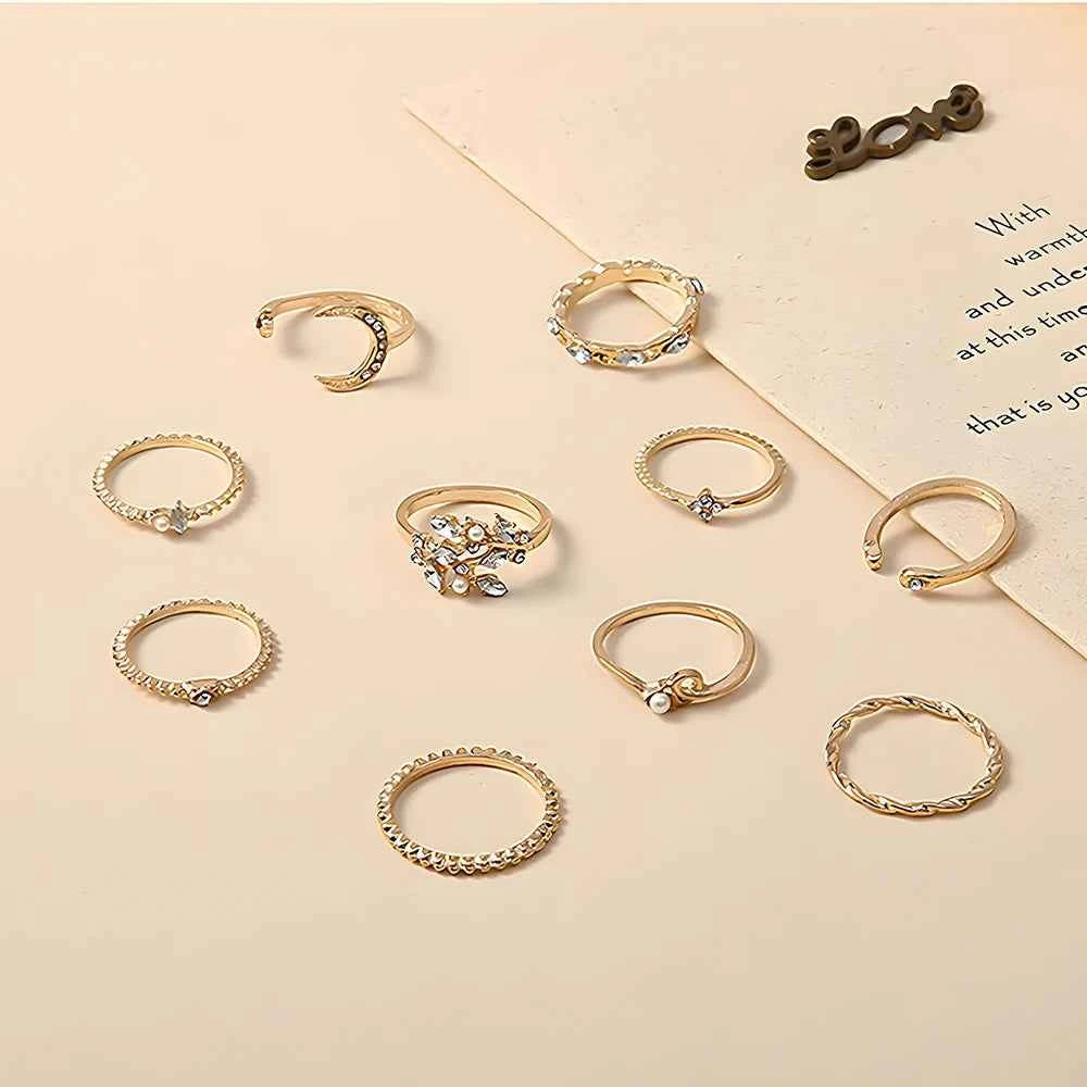 Set of 10 gold boho rings for women featuring moon and star designs, stylish jewelry by Corporación Turística.