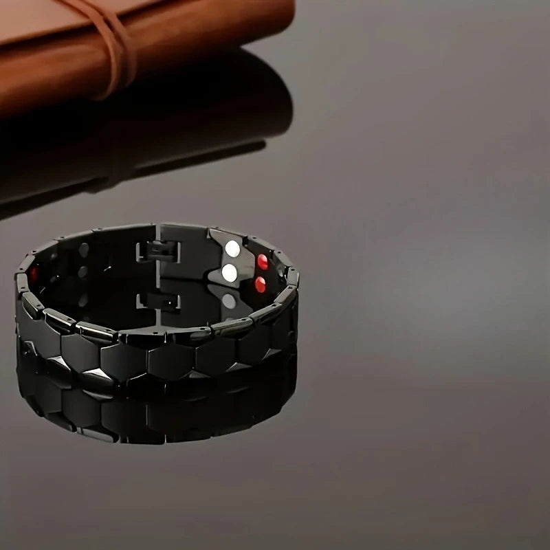 Black titanium magnetic men's bracelet with hexagonal design, adjustable and removable, stylish jewelry for men.