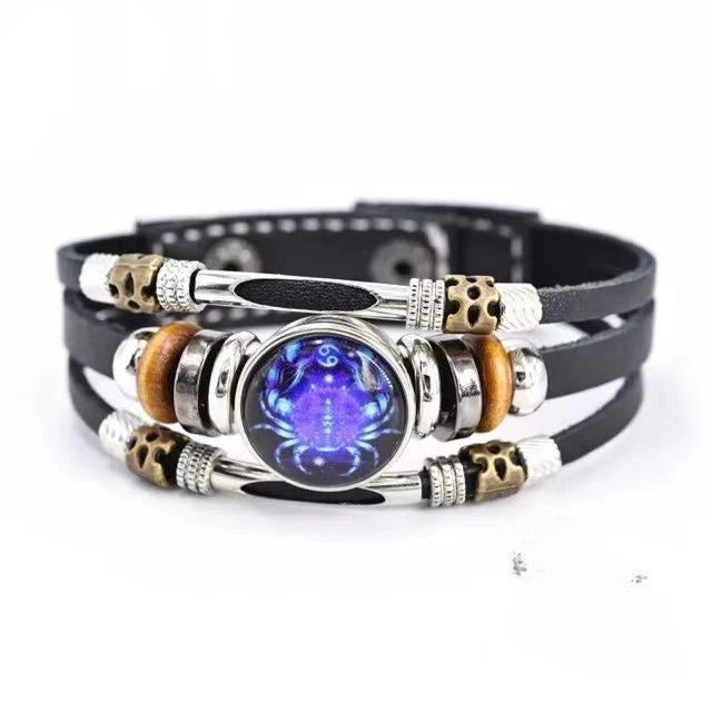Unisex leather constellation bracelet featuring Sagittarius, with a retro multi-layer design, representing the 12 zodiac signs.