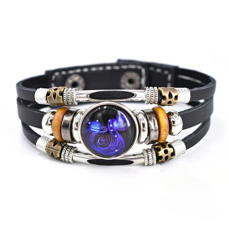 Unisex leather constellation bracelet featuring Sagittarius sign, layered vintage style, from Corporación Turística jewelry collection.