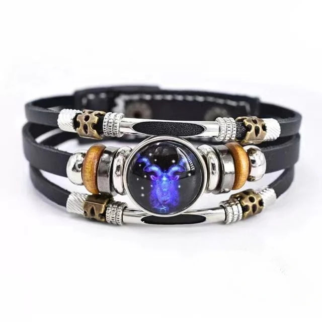 Unisex leather constellation bracelet with multiple layers, featuring Sagittarius design and celestial symbols, retro style jewelry.