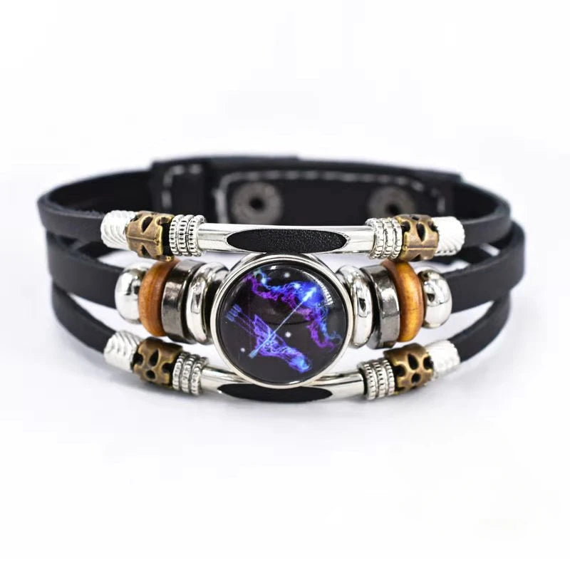 Unisex leather constellation bracelet featuring Sagittarius sign, layered retro design, perfect as a gift, with 12 zodiac signs.
