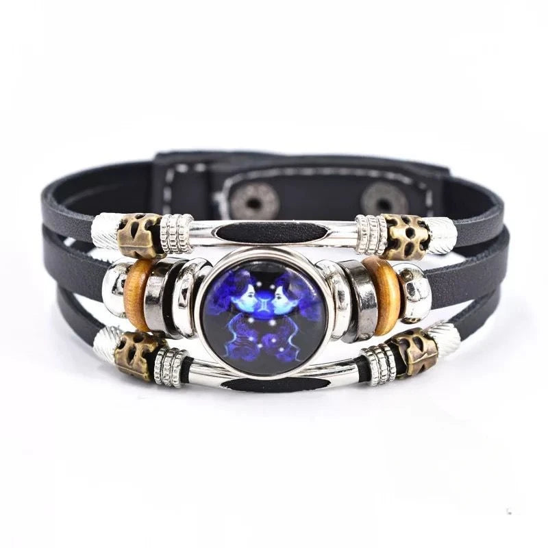 Unisex leather constellation bracelet featuring Sagittarius sign with layered retro design, part of the 12 zodiac signs collection.