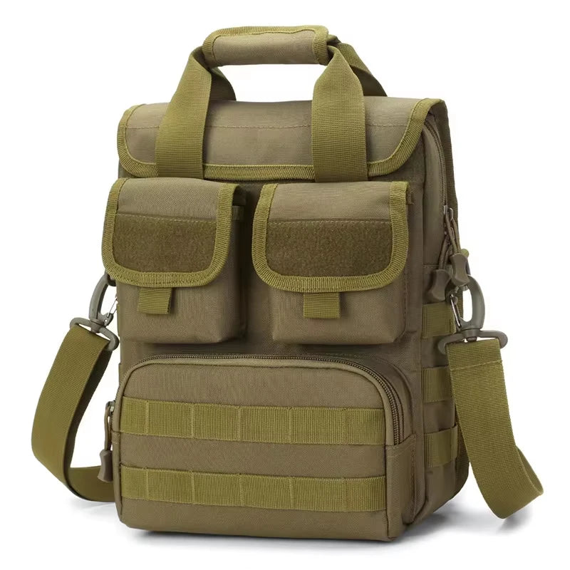 Khaki tactical tool bag by Corporación Turística designed for climbing and camping, with multiple compartments and sturdy handles.