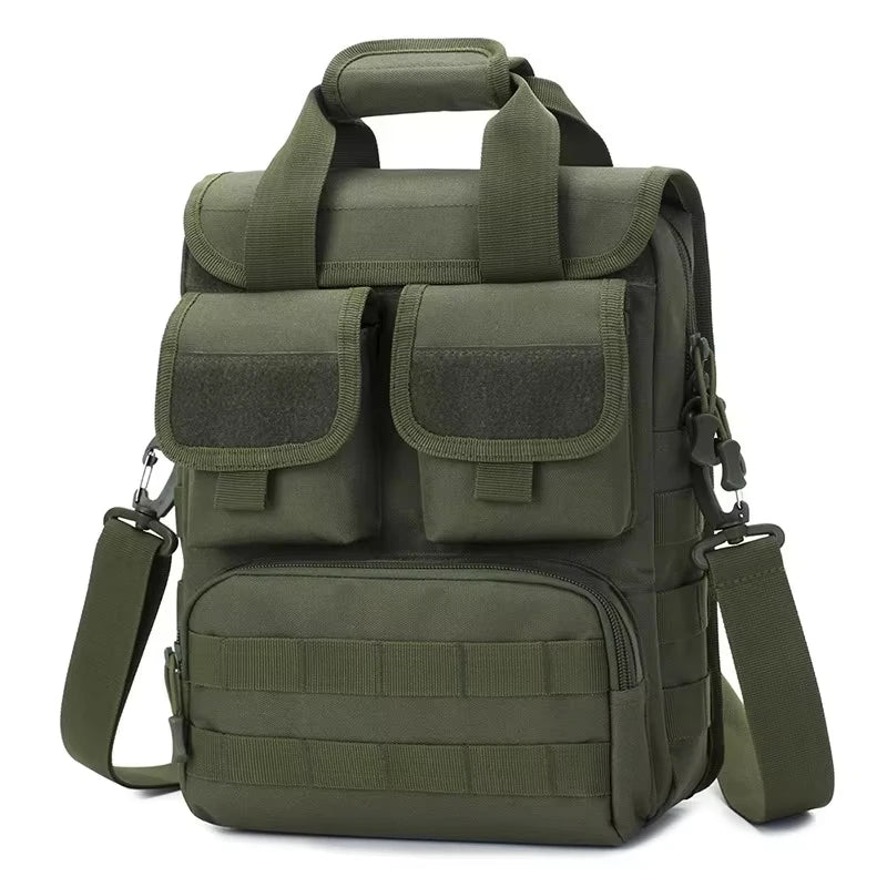 Tactical tool bag in khaki for climbing and camping, made by Corporación Turística, with multiple compartments and sturdy handle