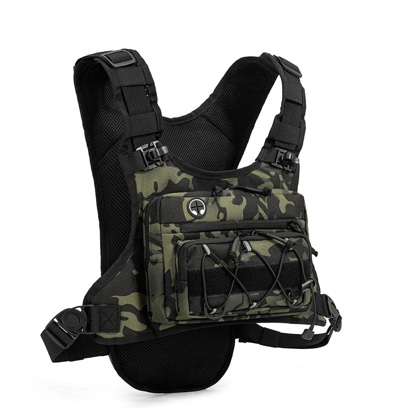 Khaki tactical bag and vest with front pockets, featuring multiple compartments and adjustable straps for outdoor activities.