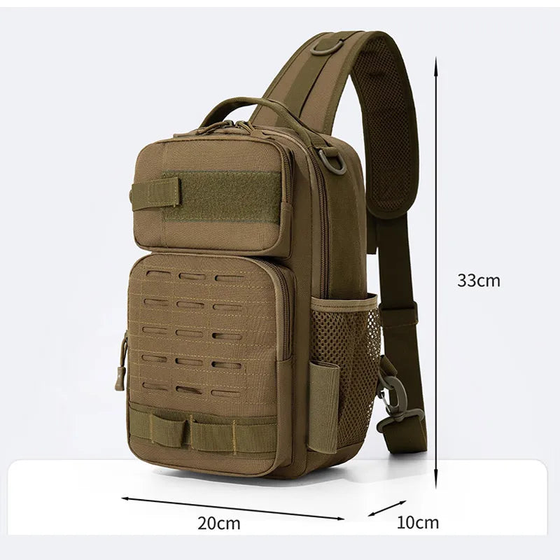 Khaki tactical chest bag for climbing with outdoor accessories, made by Corporación Turística, designed for secure gear storage.
