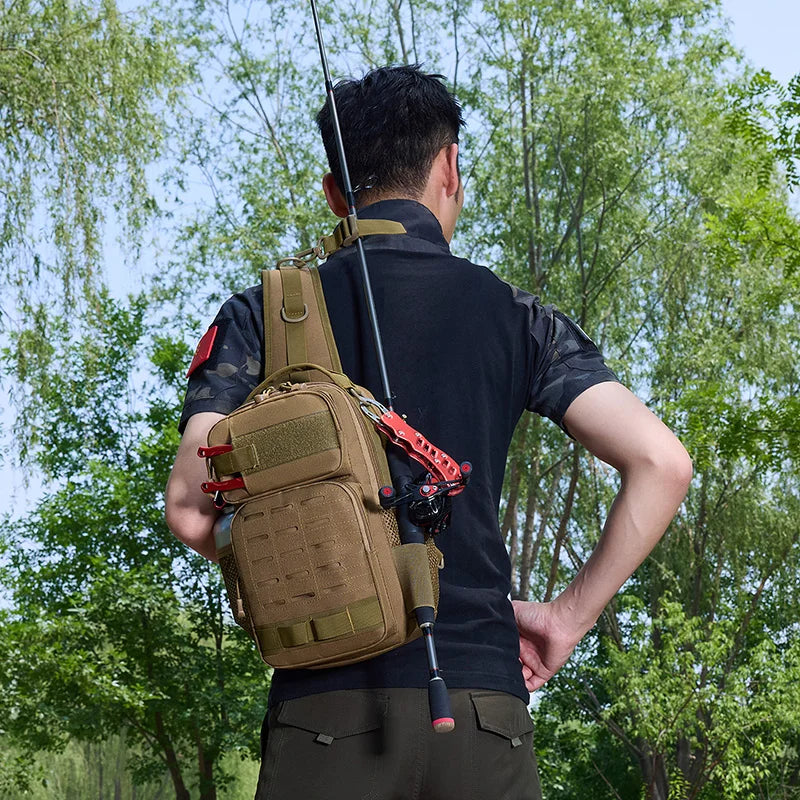 Khaki tactical chest bag for climbing from Corporación Turística, featuring multiple accessory compartments and durable straps.